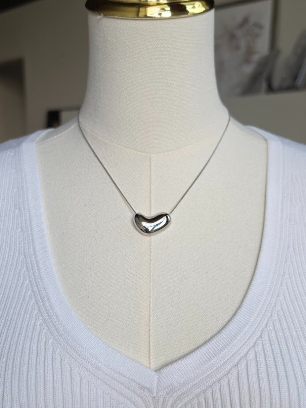 Silver Stainless Steel Puffy Heart Snake Chain Necklace Minimalist Modern
